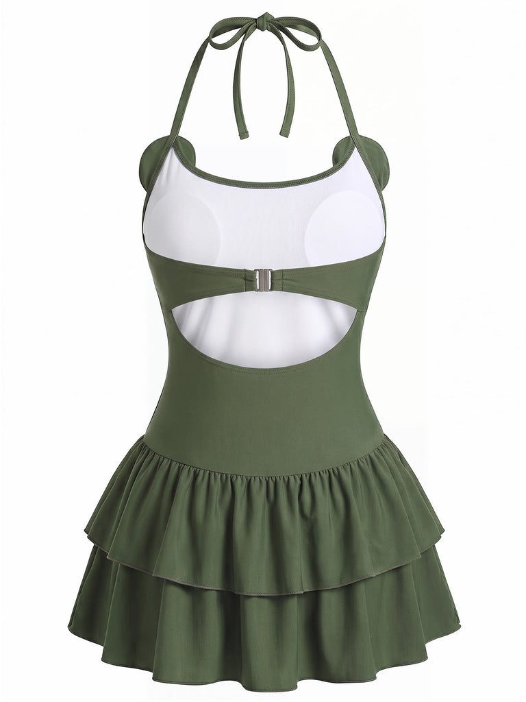 Army Green 1950s Halter Ruffle One-Piece Swimsuit 3