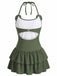 Army Green 1950s Halter Ruffle One-Piece Swimsuit 3