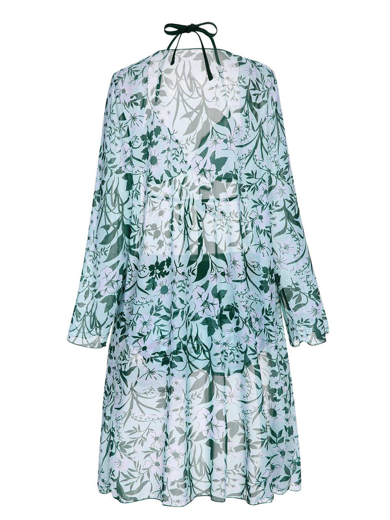 This Green 1950s Halter Plants Print Swimsuit & Cover-Up carries 1950s vacation dreams in every stitch