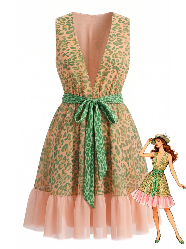 Green 1950s Leopard Sleeveless V-Neck Tie-Waist Tulle Dress - vintage dress, retro fashion, rockabilly, pin-up fashion for vintage lovers