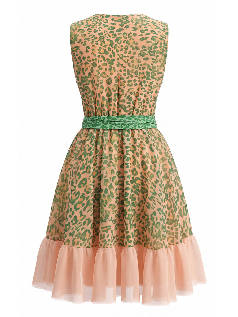 Green 1950s Leopard Sleeveless V-Neck Tie-Waist Tulle Dress - vintage dress, retro fashion, rockabilly, pin-up fashion for vintage lovers