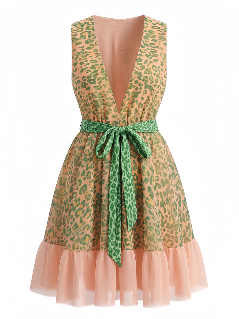 Green 1950s Leopard Sleeveless V-Neck Tie-Waist Tulle Dress - vintage dress, retro fashion, rockabilly, pin-up fashion for vintage lovers