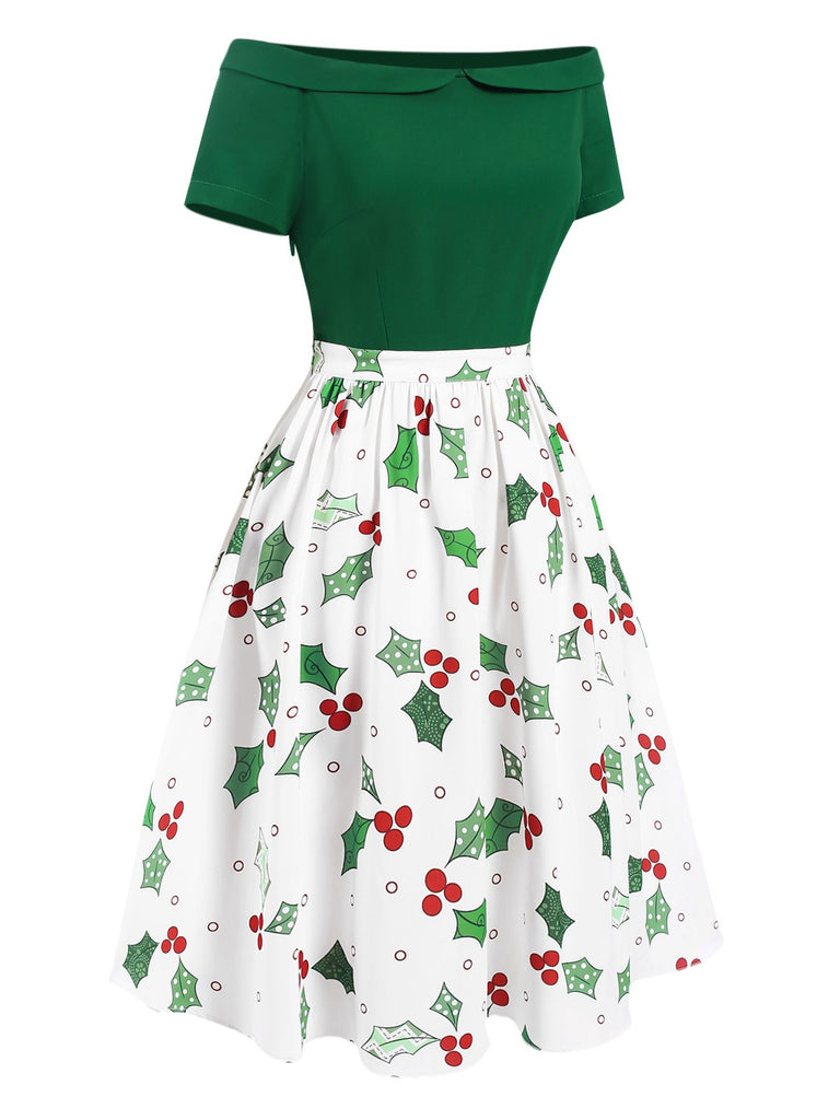 This Green 1950s Off-Shoulder Christmas Patchwork Dress wraps her in 1950s elegance, one twirl at a time