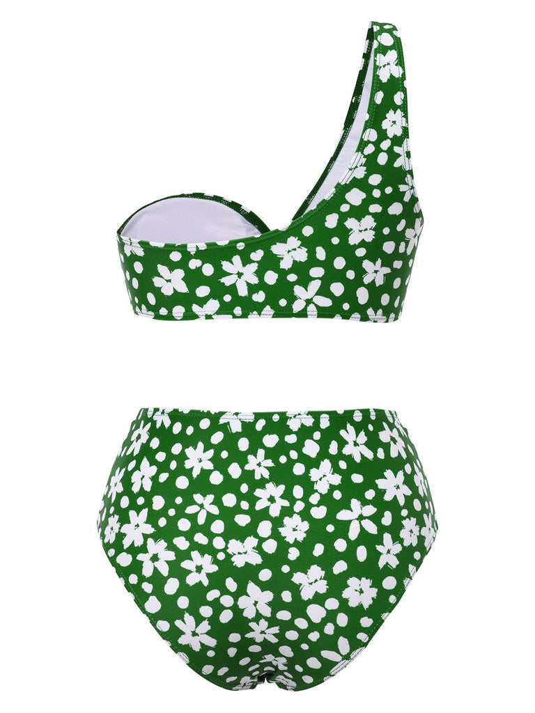 Green 1950s One-Shoulder Floral Bikini Set, vintage swimsuit, pin-up swimwear - perfect for women who love vintage and retro fashion