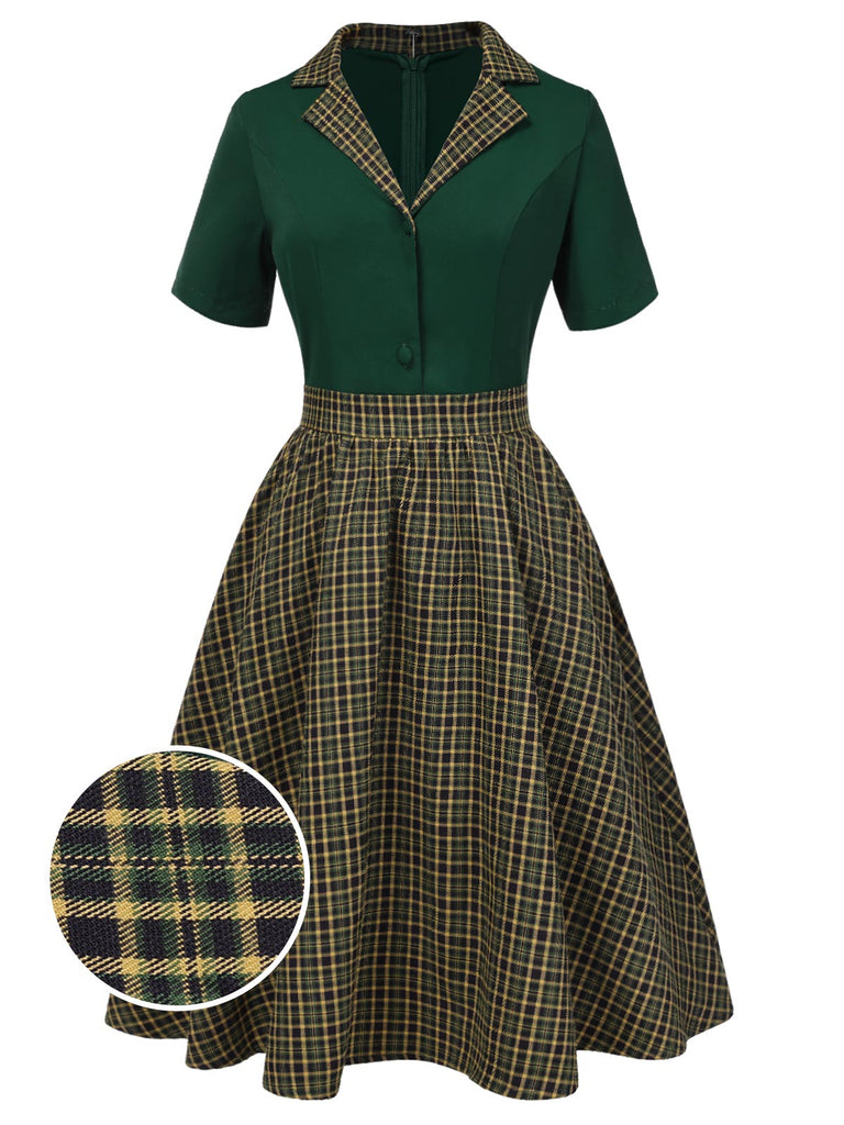 Green 1950s Plaid Patchwork Lapel Dress, vintage dress, retro fashion, rockabilly, pin-up fashion - perfect for women who love vintage and retro fashion
