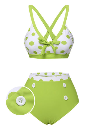 Green 1950s Polka Dot V-Neck Swimsuit, vintage swimsuit, pin-up swimwear - perfect for women who love vintage and retro fashion