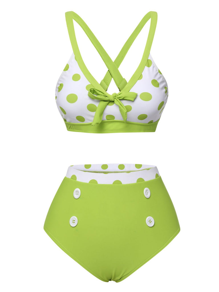 Green 1950s Polka Dot V-Neck Swimsuit, vintage swimsuit, pin-up swimwear - perfect for women who love vintage and retro fashion
