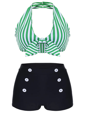 Green 1950s Retro Halter Stripes Bikini Set - vintage fashion, retro style