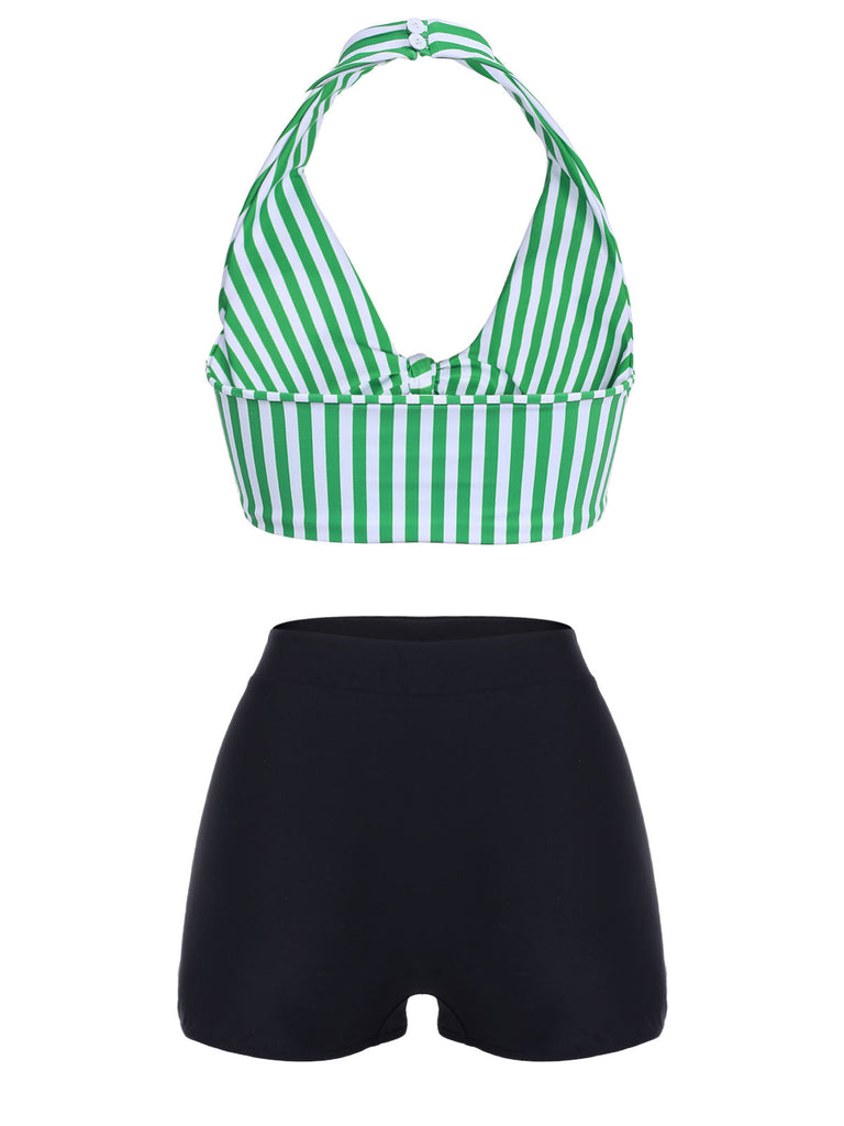 Green 1950s Retro Halter Stripes Bikini Set - vintage fashion, retro style