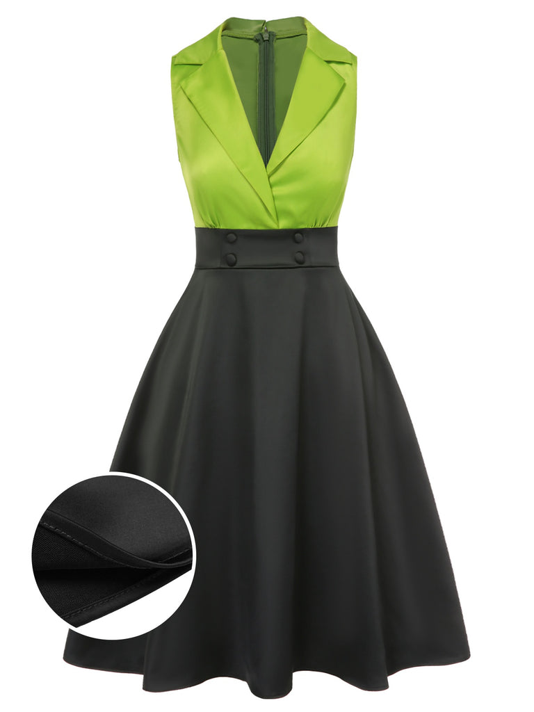 She slips into this Green 1950s Satin Lapel Patchwork Dress and suddenly it's a 1950s daydream