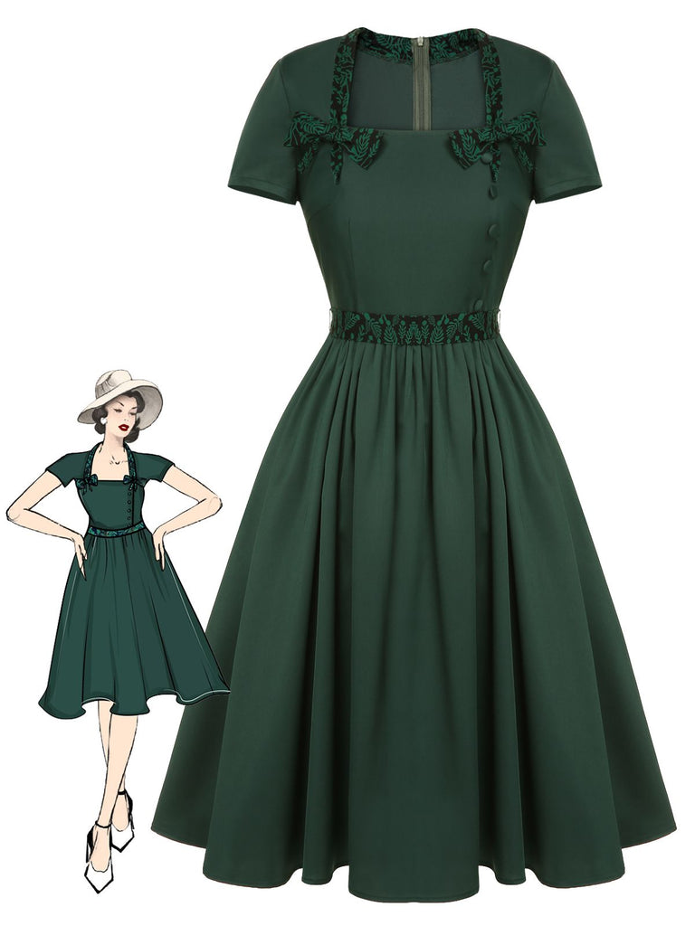 Green 1950s Solid Bow Square Collar Dress, vintage dress, retro fashion, rockabilly, pin-up fashion - perfect for women who love vintage and retro fashion
