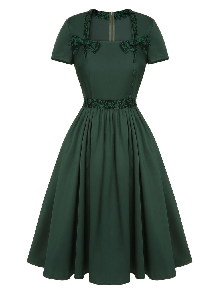 Green 1950s Solid Bow Square Collar Dress, vintage dress, retro fashion, rockabilly, pin-up fashion - perfect for women who love vintage and retro fashion