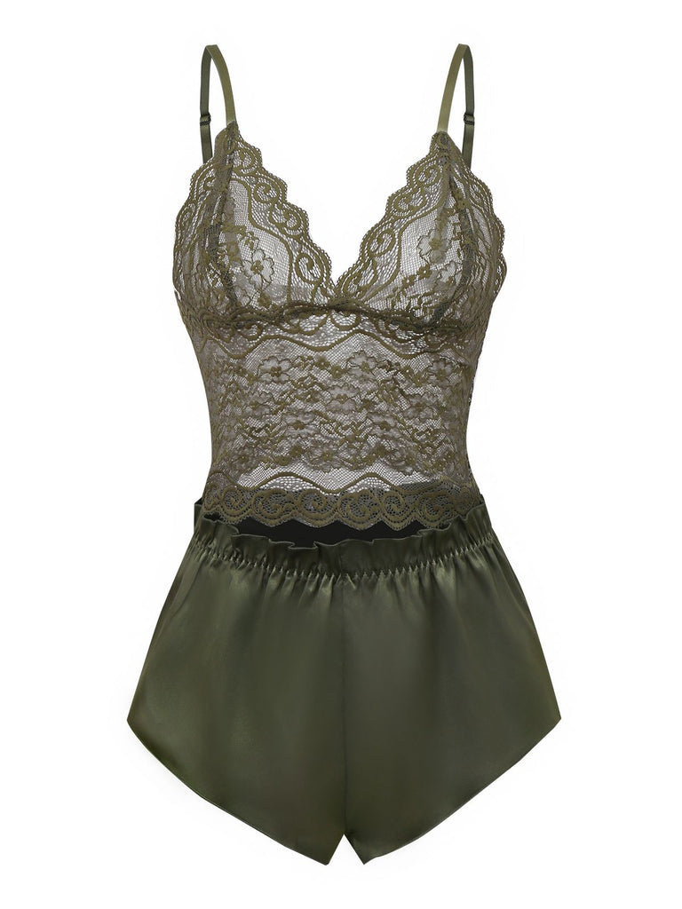 Green 1950s Solid Lace & Satin Pajama Set - vintage fashion, retro style
