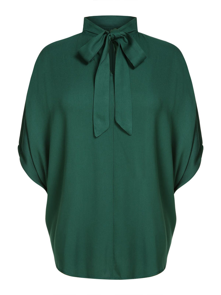 Green 1950s Solid Ribbon Collar Satin Blouse, vintage top, retro blouse - perfect for women who love vintage and retro fashion
