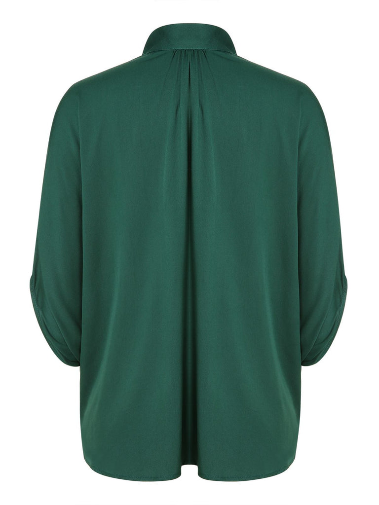 Green 1950s Solid Ribbon Collar Satin Blouse, vintage top, retro blouse - perfect for women who love vintage and retro fashion