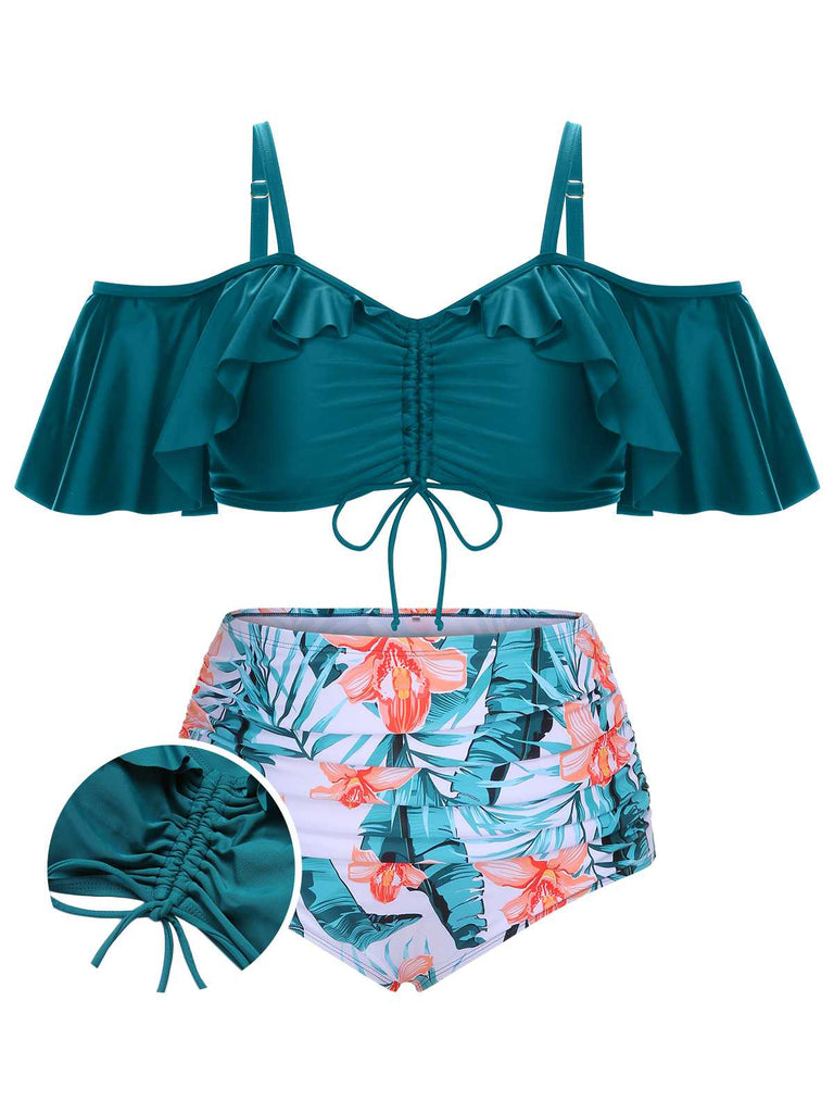 She's wearing Green 1950s Strap Floral Ruffles Swimsuit and the whole beach remembers the 1950s