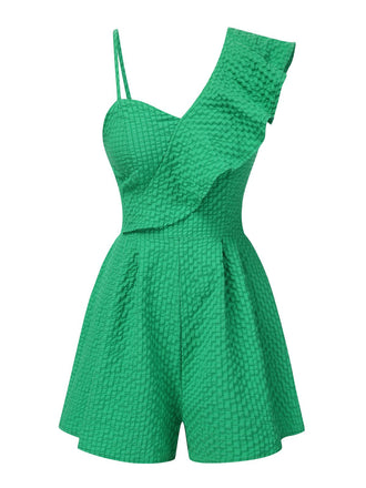 She finds her 1950s story in this Green 1950s Suspender Ruffle Sleeves Textured Romper