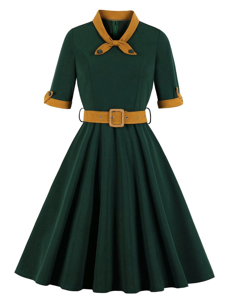 She slips into this Green 1950s Tie Neck Contrast Patchwork Dress and suddenly it's a 1950s daydream