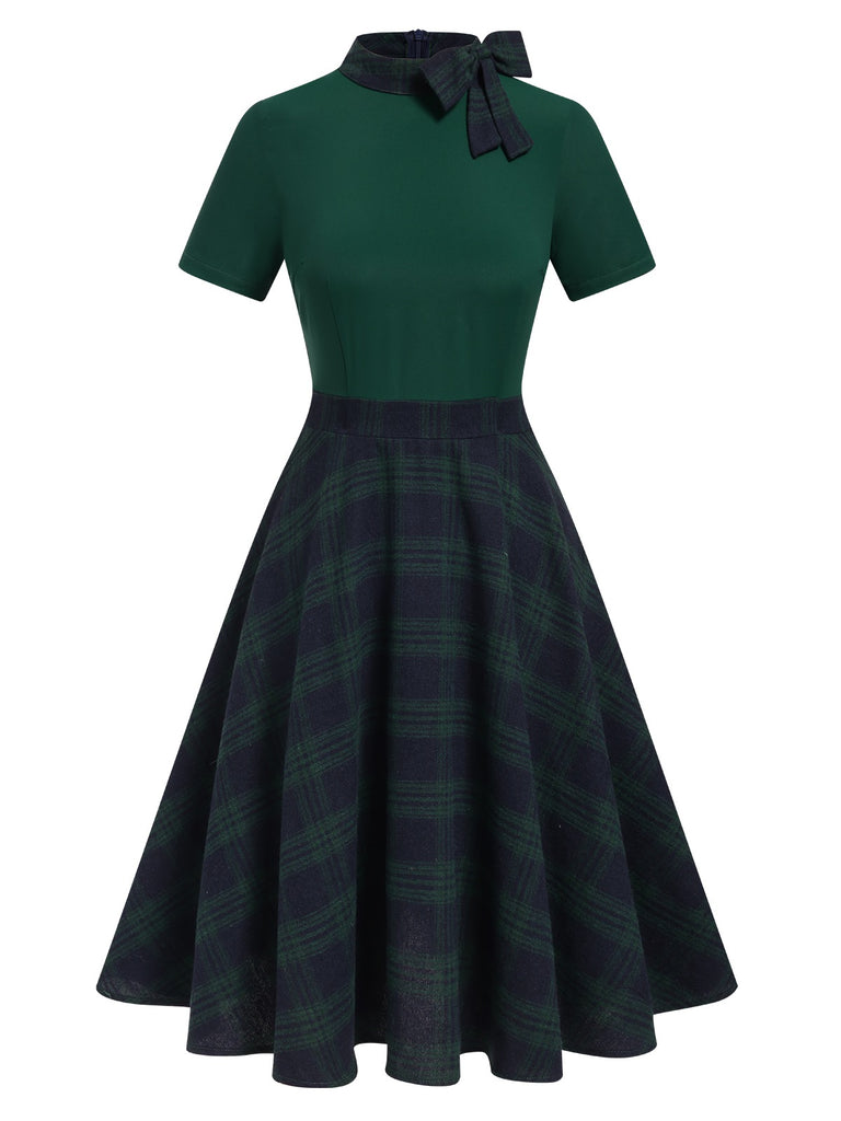 Green 1950s Tie Neck Plaids Patchwork Dress, vintage dress, retro fashion, rockabilly, pin-up fashion - perfect for women who love vintage and retro fashion