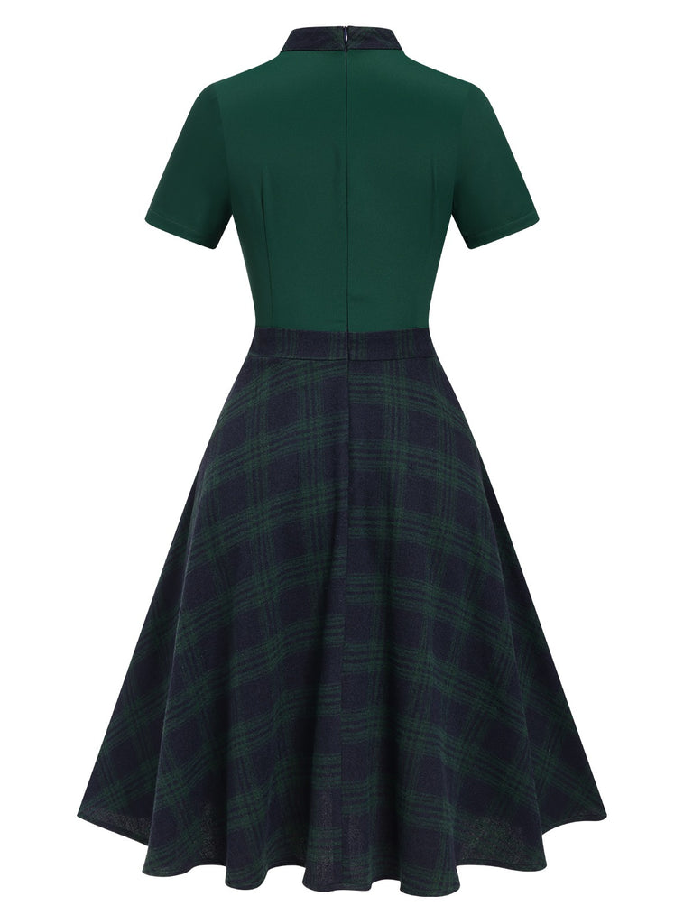 Green 1950s Tie Neck Plaids Patchwork Dress, vintage dress, retro fashion, rockabilly, pin-up fashion - perfect for women who love vintage and retro fashion