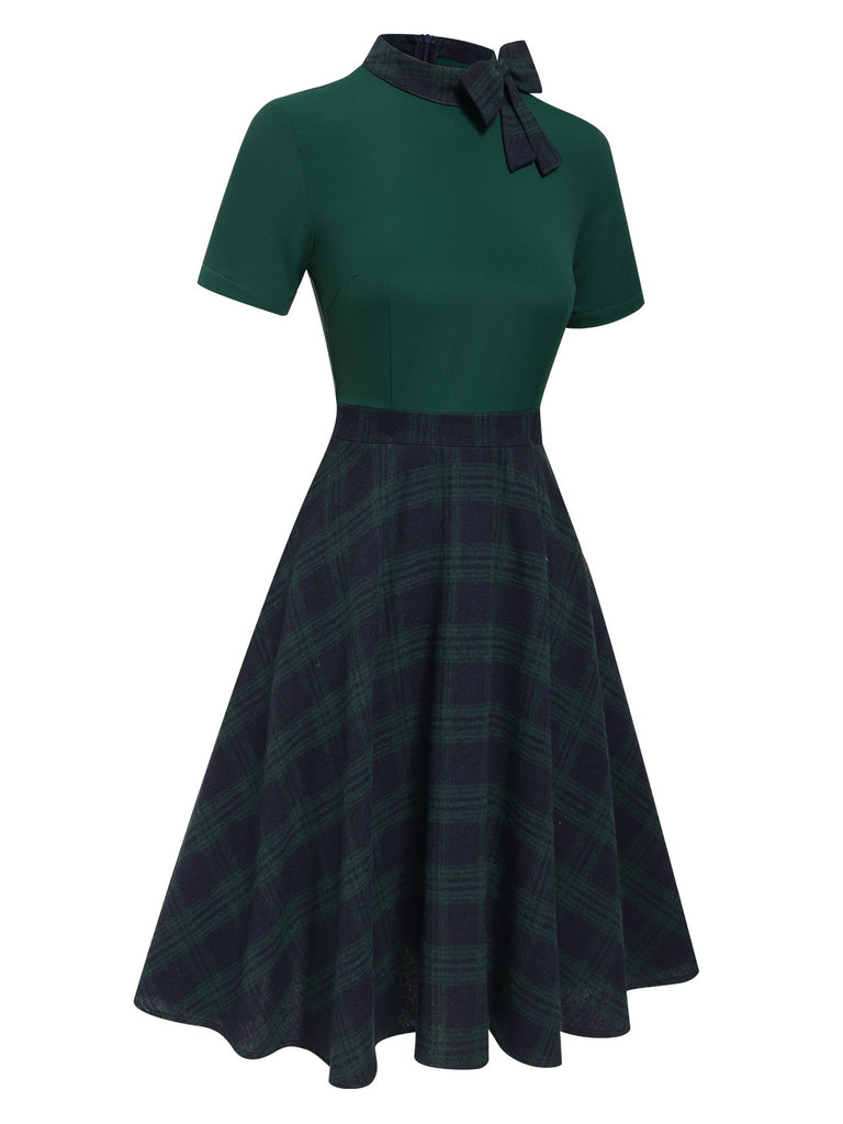 Green 1950s Tie Neck Plaids Patchwork Dress, vintage dress, retro fashion, rockabilly, pin-up fashion - perfect for women who love vintage and retro fashion