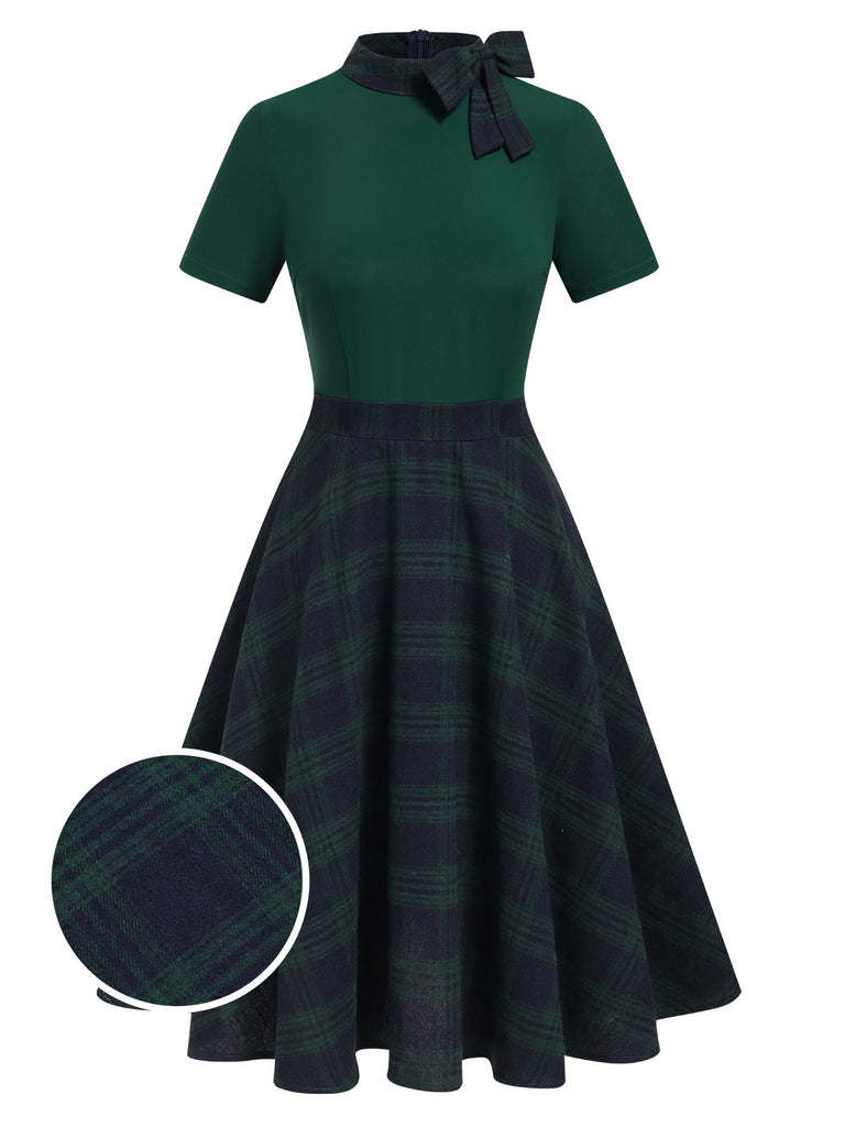 Green 1950s Tie Neck Plaids Patchwork Dress, vintage dress, retro fashion, rockabilly, pin-up fashion - perfect for women who love vintage and retro fashion