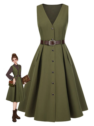 Green 1950s V-Neck Pockets Belted Vest Dress, vintage dress, retro fashion, rockabilly, pin-up fashion - perfect for women who love vintage and retro fashion