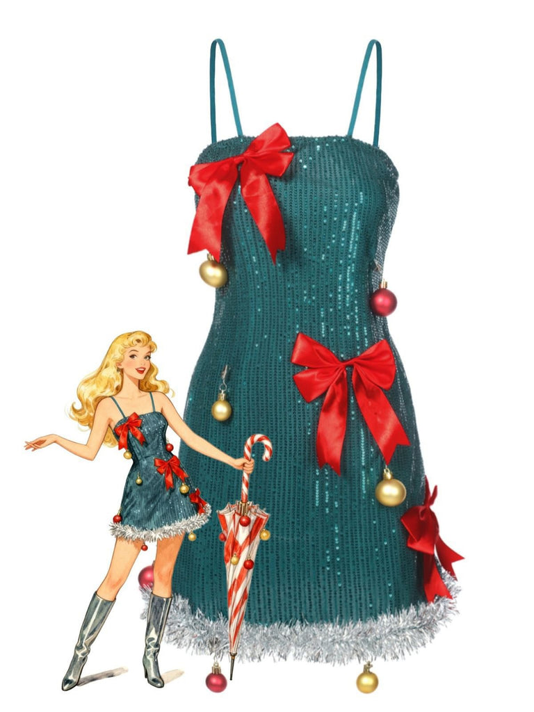 Green 1960s Bow & Christmas Bell Sequin Dress - vintage dress, retro fashion