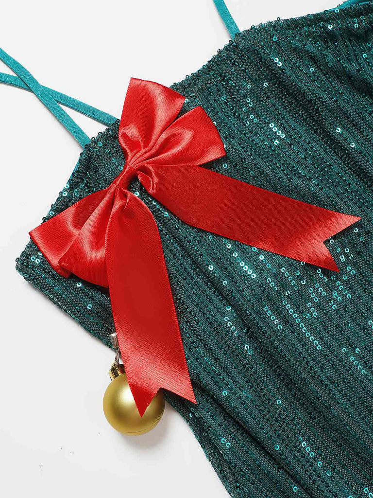 Green 1960s Bow & Christmas Bell Sequin Dress - vintage dress, retro fashion