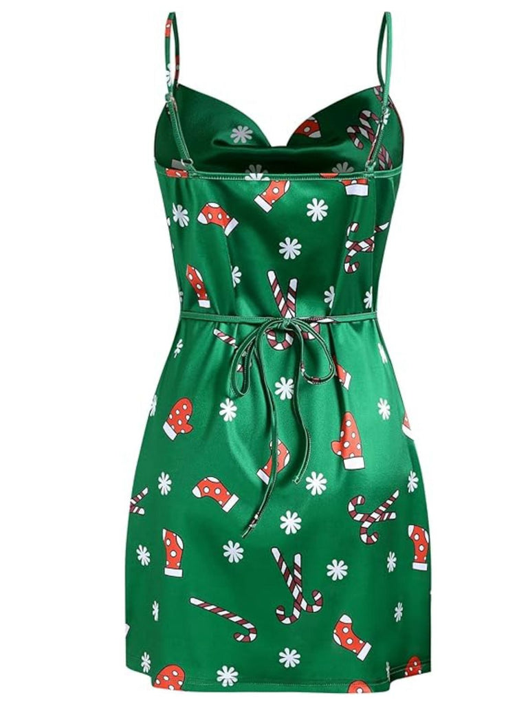 Green 1960s Christmas Cowl Neck Slip Dress - vintage dress, retro fashion