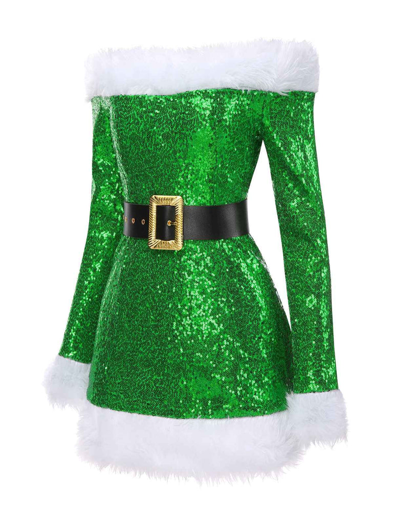 Green 1960s Christmas Plush Sequined Patchwork Dress, vintage dress, retro fashion - perfect for women who love vintage and retro fashion