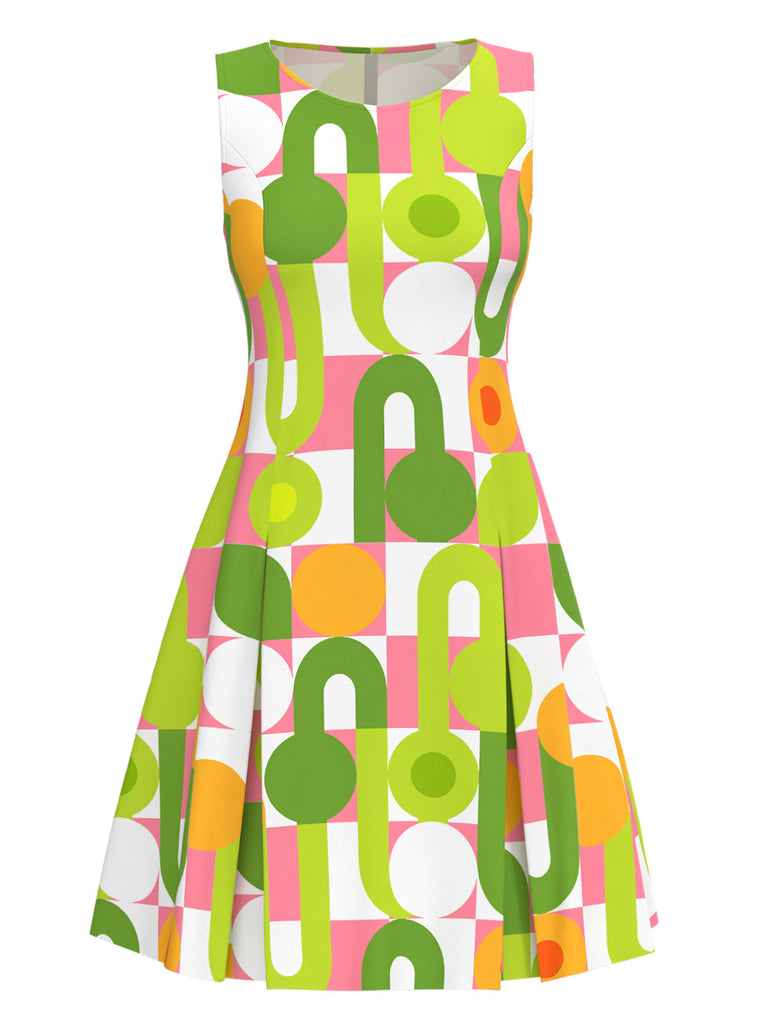 Green 1960s Geometric Print Round Neck Shift Dress - vintage dress, retro fashion