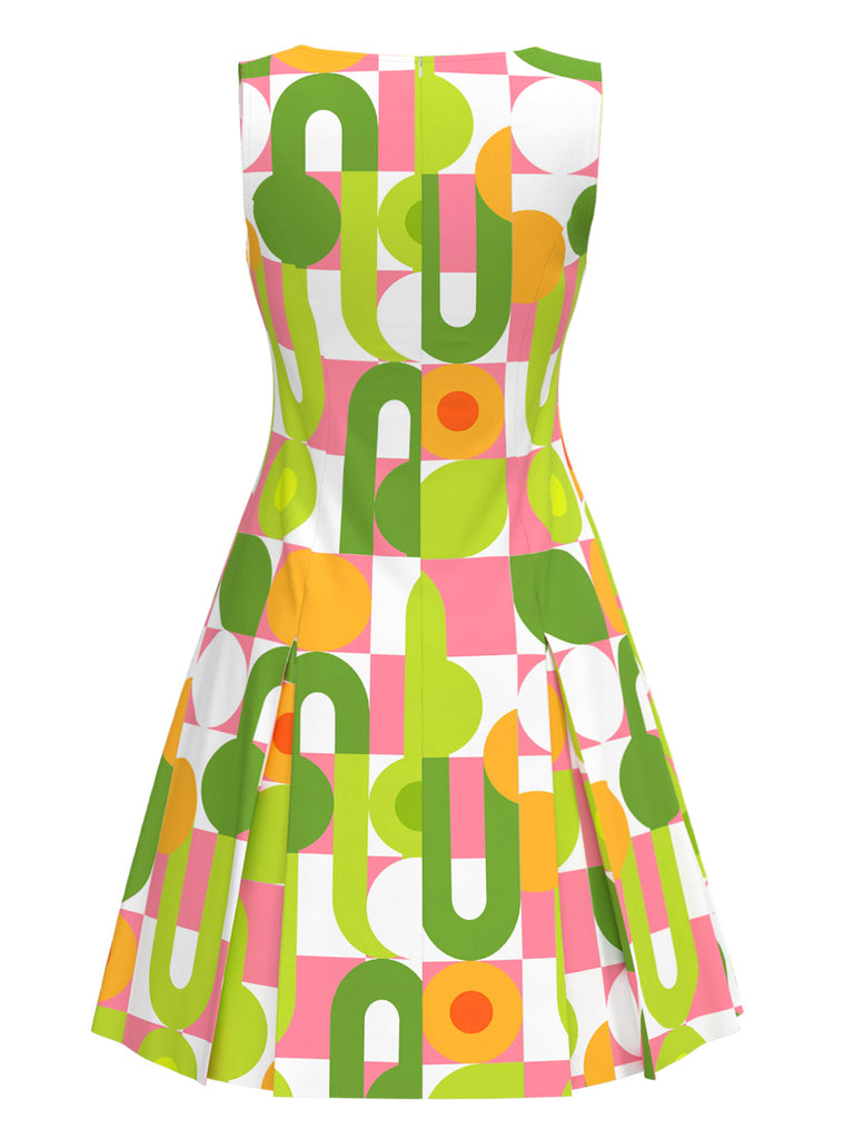Green 1960s Geometric Print Round Neck Shift Dress - vintage dress, retro fashion