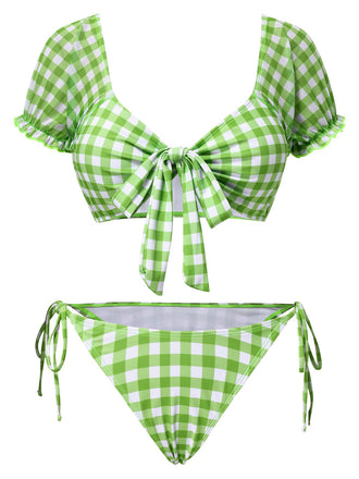 Green 1960s Gingham Puff Sleeve Bikini Set - vintage fashion, retro style