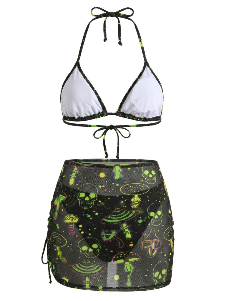Green 1960s Print Mesh Vintage Slim Bikini Set 8