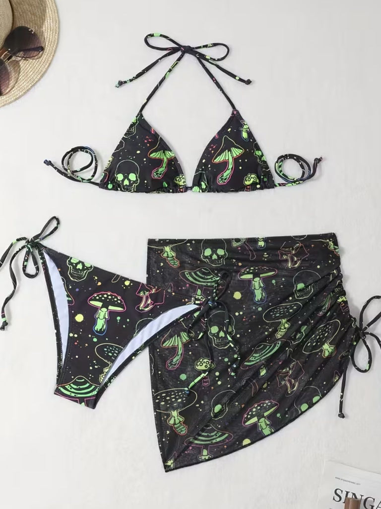 Green 1960s Print Mesh Vintage Slim Bikini Set 2
