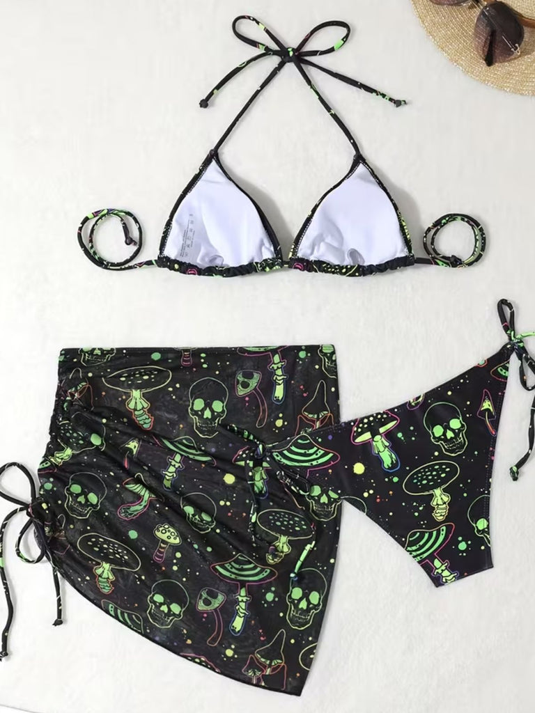 Green 1960s Print Mesh Vintage Slim Bikini Set 3