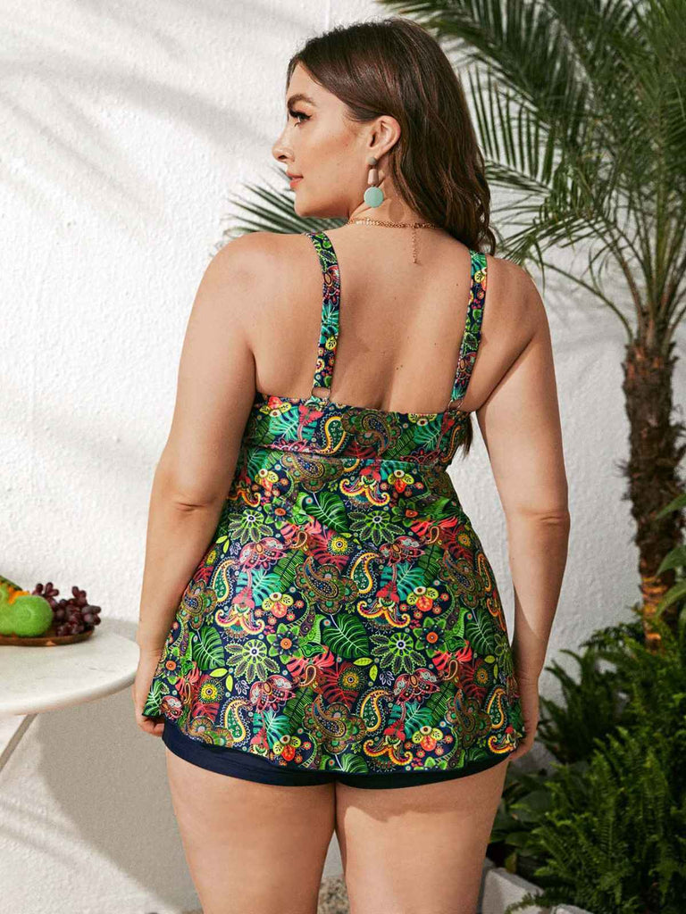 Green 1960s Hippie Prints Bow Tankini: 1960s Riviera elegance, reimagined for her