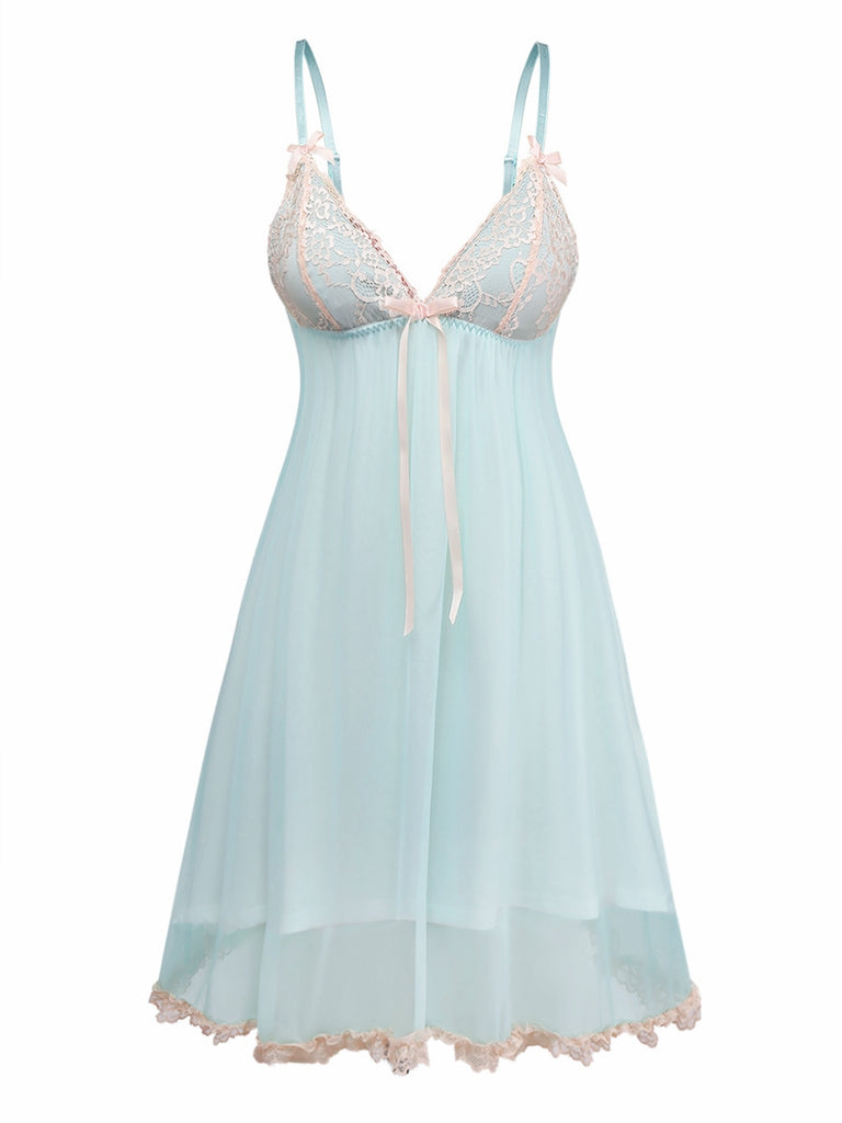 She slips into this Green 1960s Mesh Lace Patchwork Bow Straps Nightdress and suddenly it's a 1960s daydream