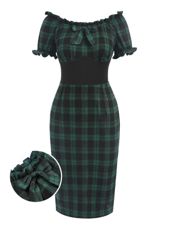 She slips into this Green 1960s Off Shoulder Bow Tartan Pencil Dress and suddenly it's a 1960s daydream