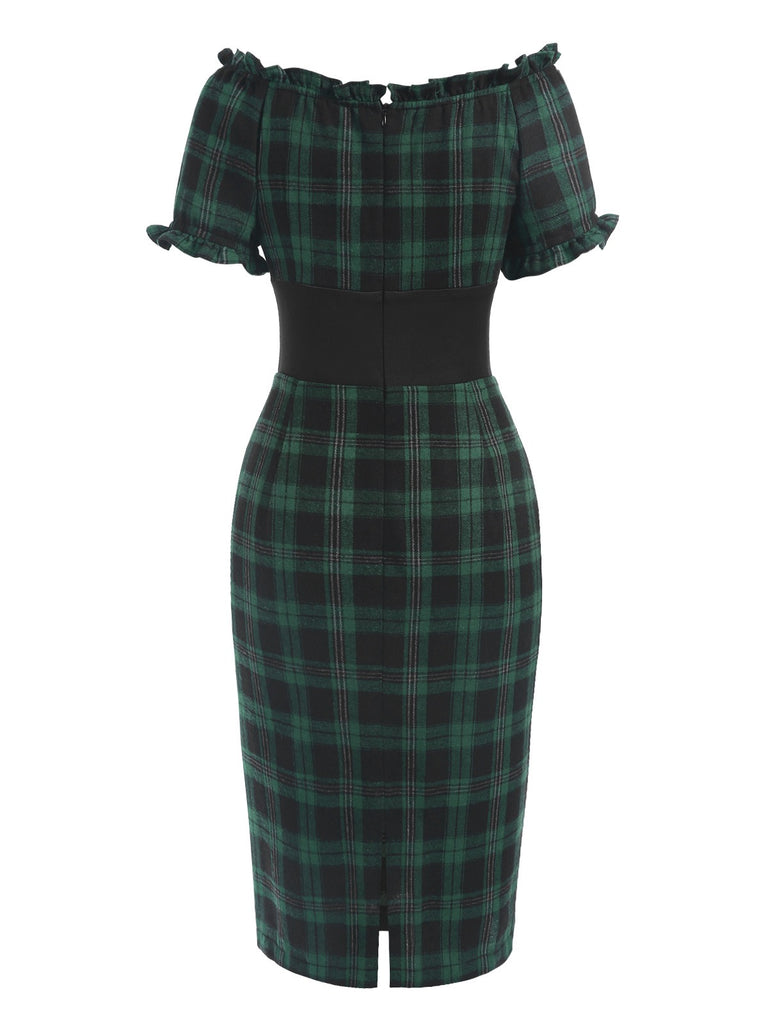Green 1960s Off Shoulder Bow Tartan Pencil Dress — the kind of 1960s dress that makes strangers smile