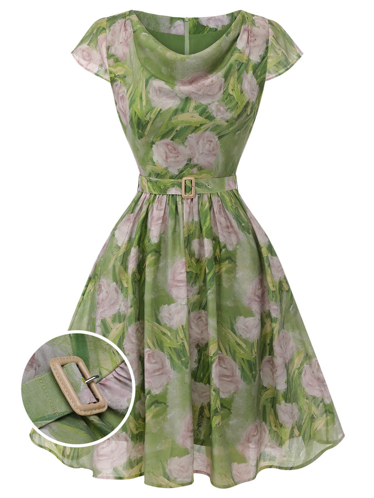 Green 1960s Oil-Painting Rose Dress, vintage dress, retro fashion - perfect for women who love vintage and retro fashion