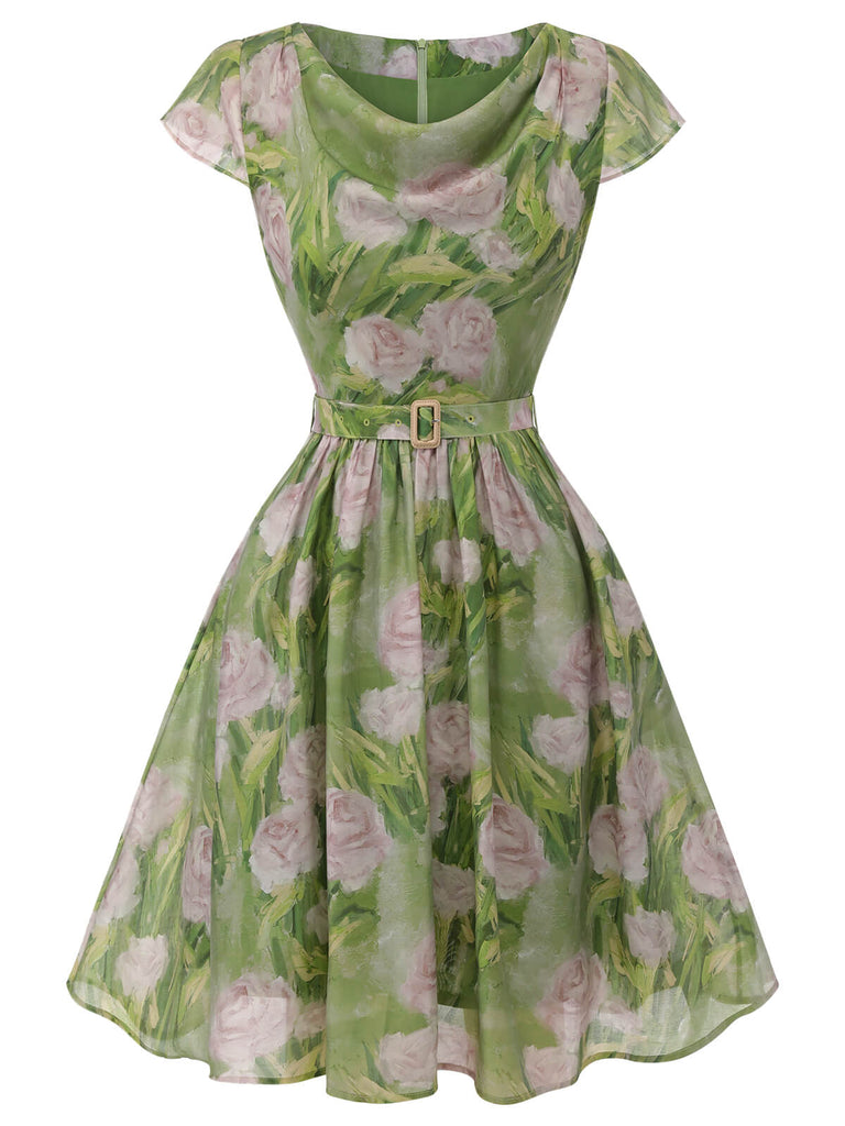 Green 1960s Oil-Painting Rose Dress, vintage dress, retro fashion - perfect for women who love vintage and retro fashion