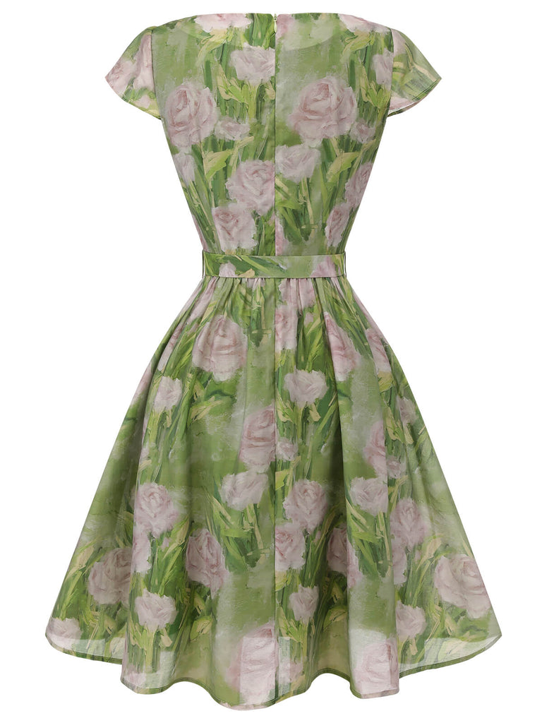 Green 1960s Oil-Painting Rose Dress, vintage dress, retro fashion - perfect for women who love vintage and retro fashion