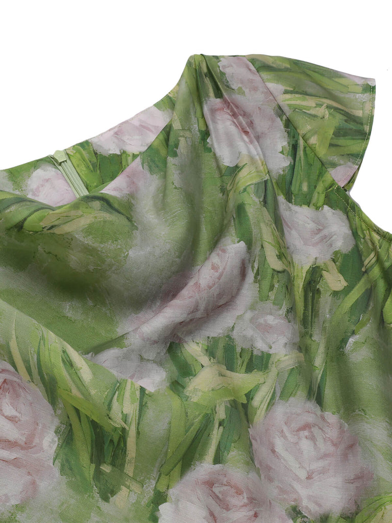 Green 1960s Oil-Painting Rose Dress, vintage dress, retro fashion - perfect for women who love vintage and retro fashion