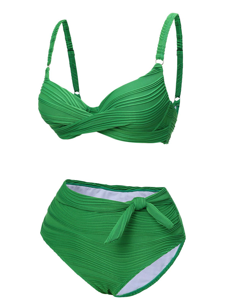 Green 1960s Pleated Solid Swimsuit: 1960s Riviera elegance, reimagined for her