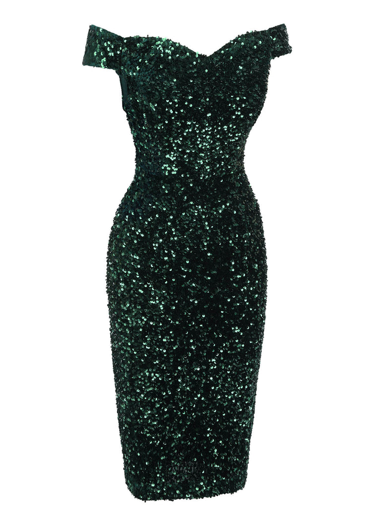 Green 1960s Sequins Off-Shoulder Pencil Dress: timeless style reimagined