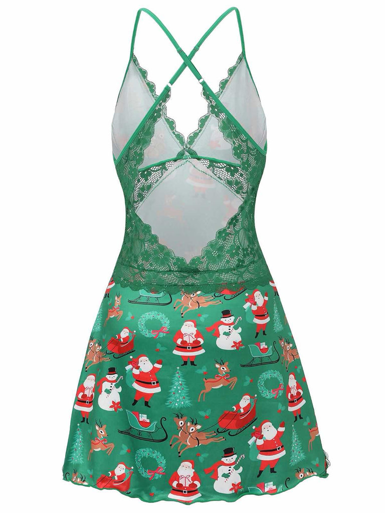 Green 1960s Slip Christmas Print Bow Nightgown - vintage nightgown, retro sleepwear
