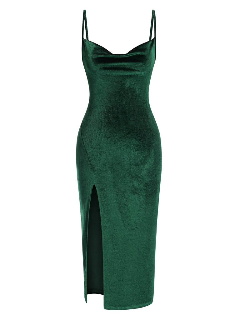 Green 1960s Slit Suspender Velvet Dress, vintage dress, retro fashion, women, elegant