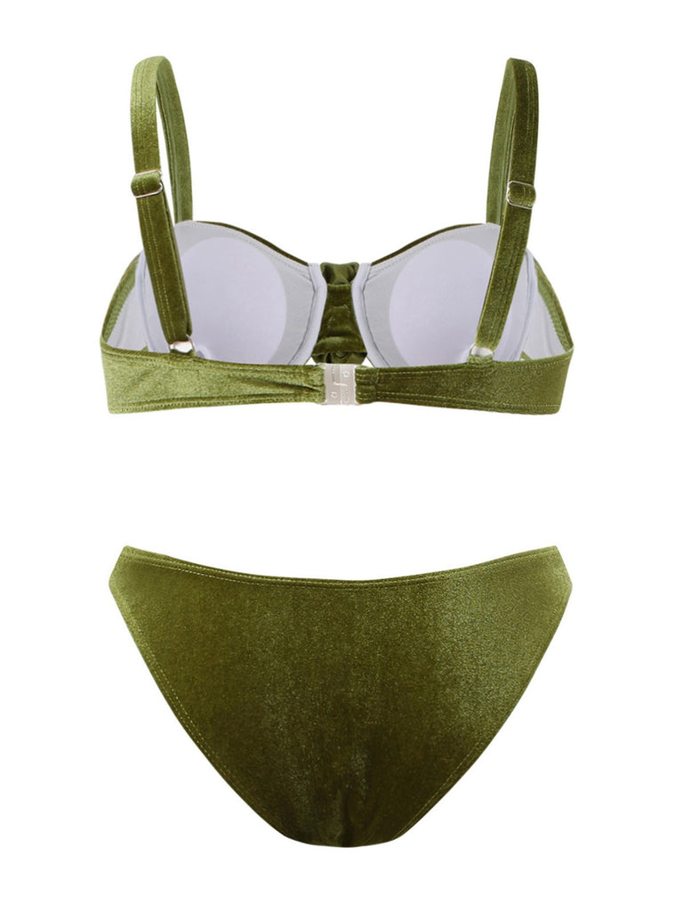 Green 1960s Solid Velvet 3D Rose Bikini Set - vintage fashion, retro style